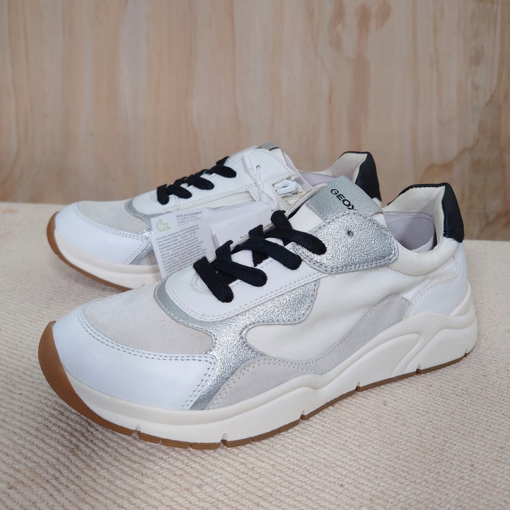 Geox Respira Sneakers Womens 6 EU 36 White Silver Zip Lace Comfort J4597B